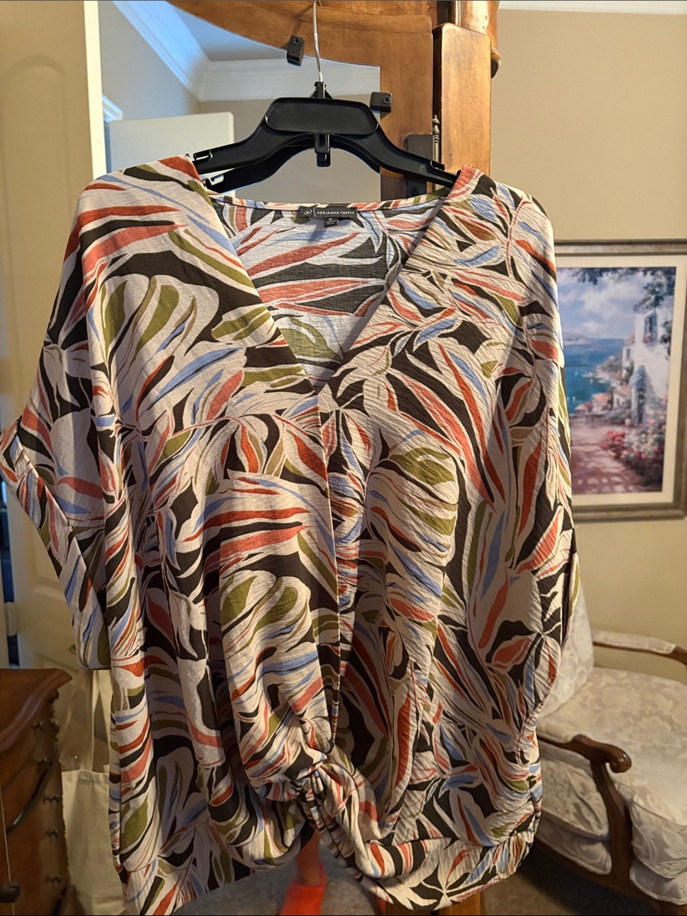 Adrianna Papell Rust, Olive & Charcoal Abstract Leaf Top